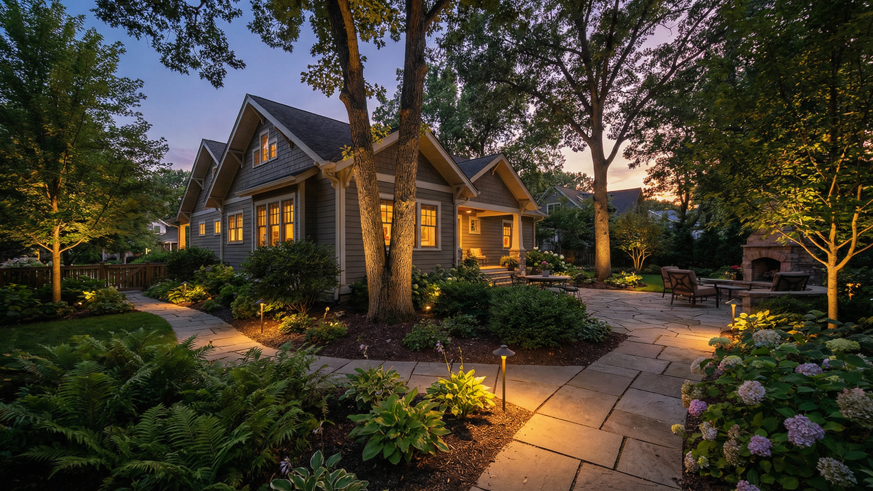 Night view of a U.S. single-family home with warm white low-voltage landscape lighting and a clean overall yard scene