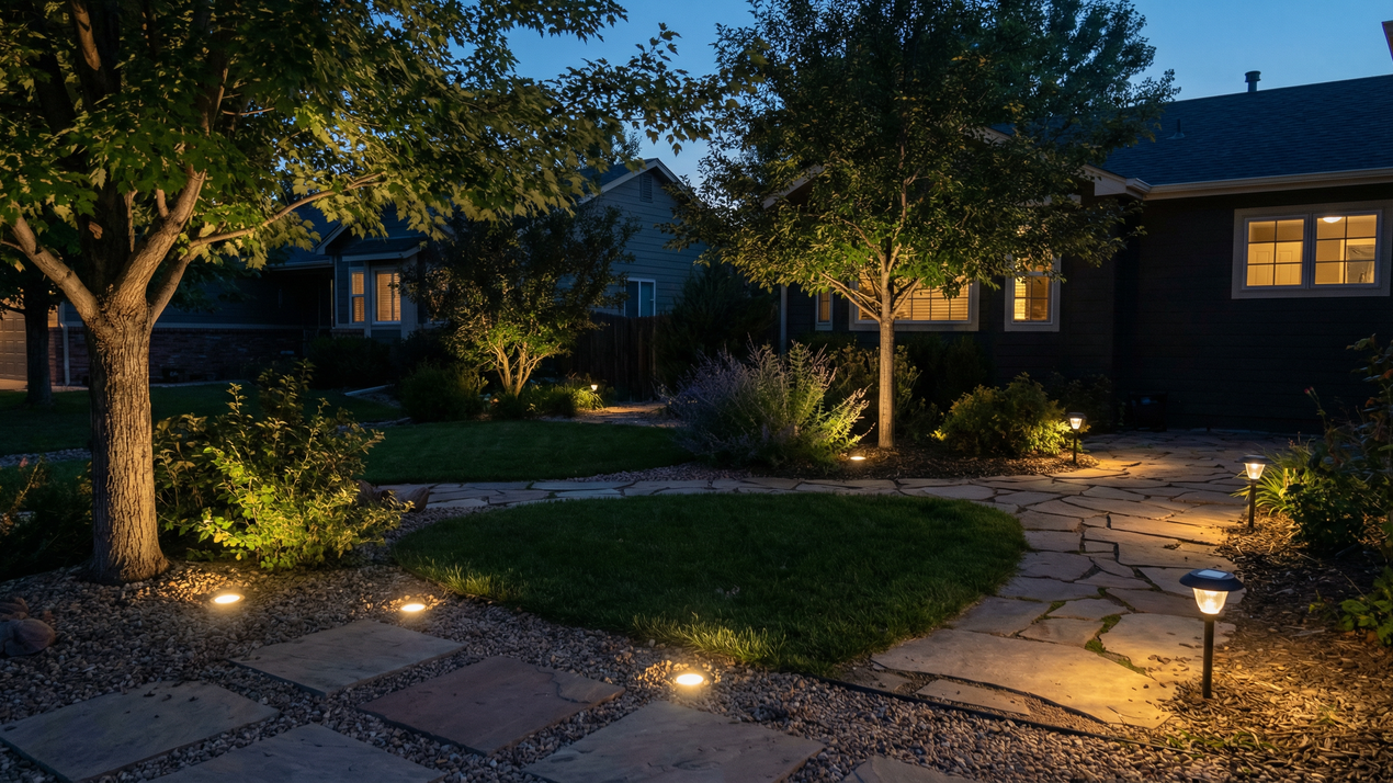 Night view of a US single-family yard with low voltage in-ground well lights casting warm white illumination at dusk