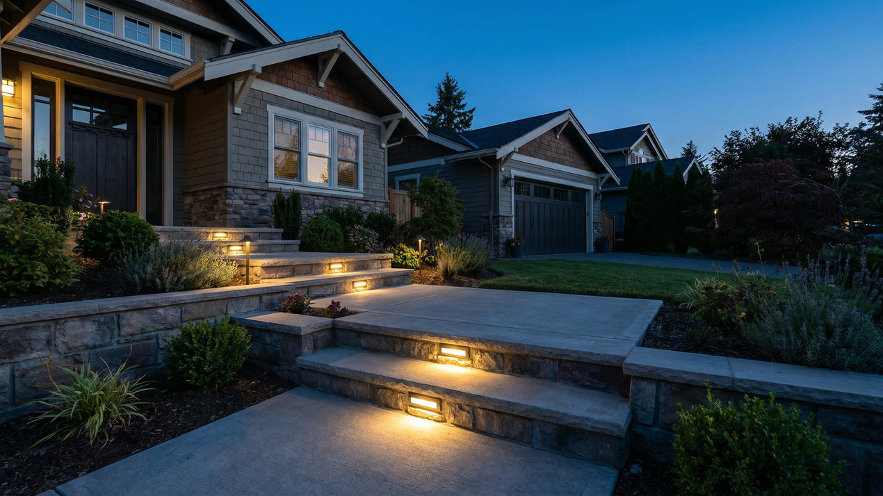 Nighttime view of a US single-family home with outdoor step lights casting warm white glow along stairs and pathways.