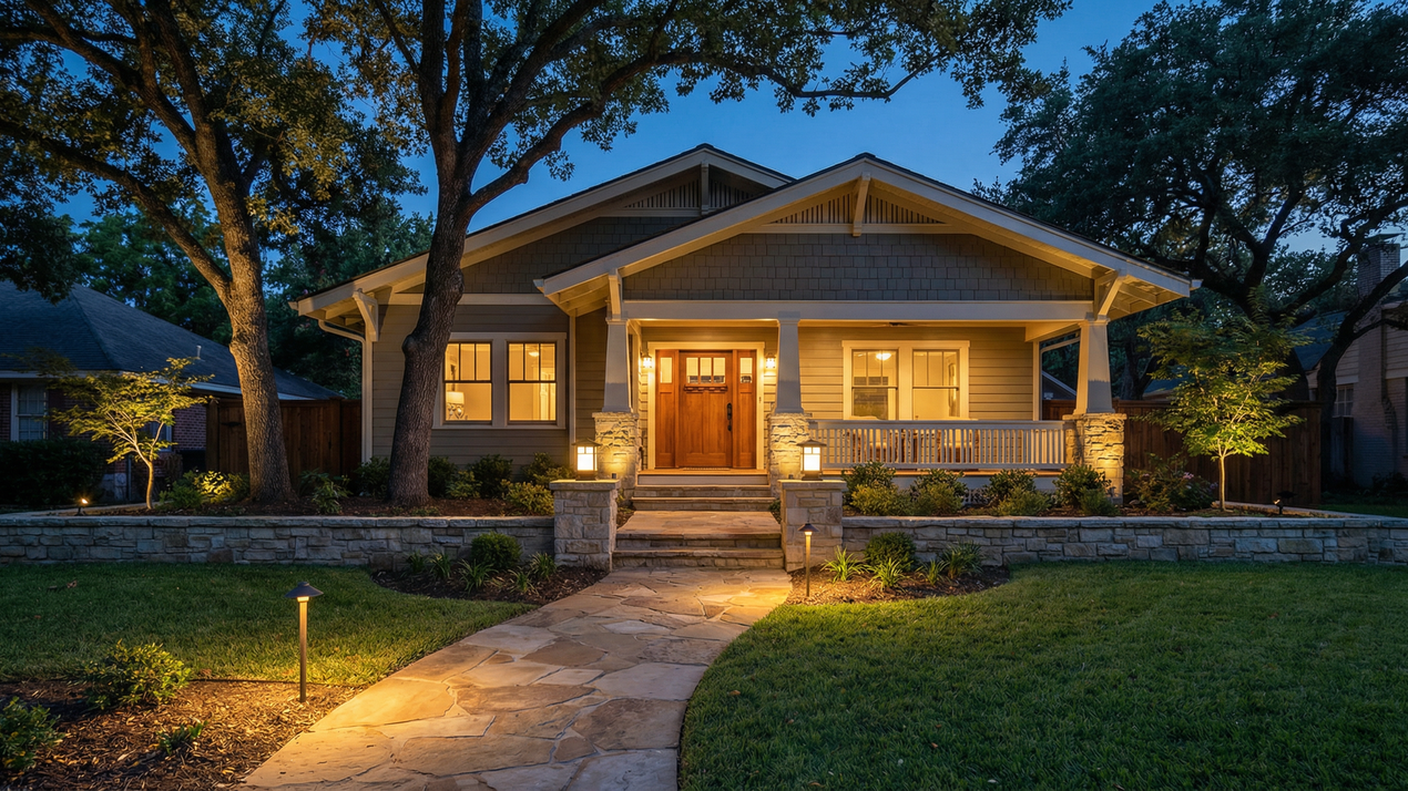 Nighttime view of a US single-family home yard with warm low voltage cable lighting illuminating paths and landscaping