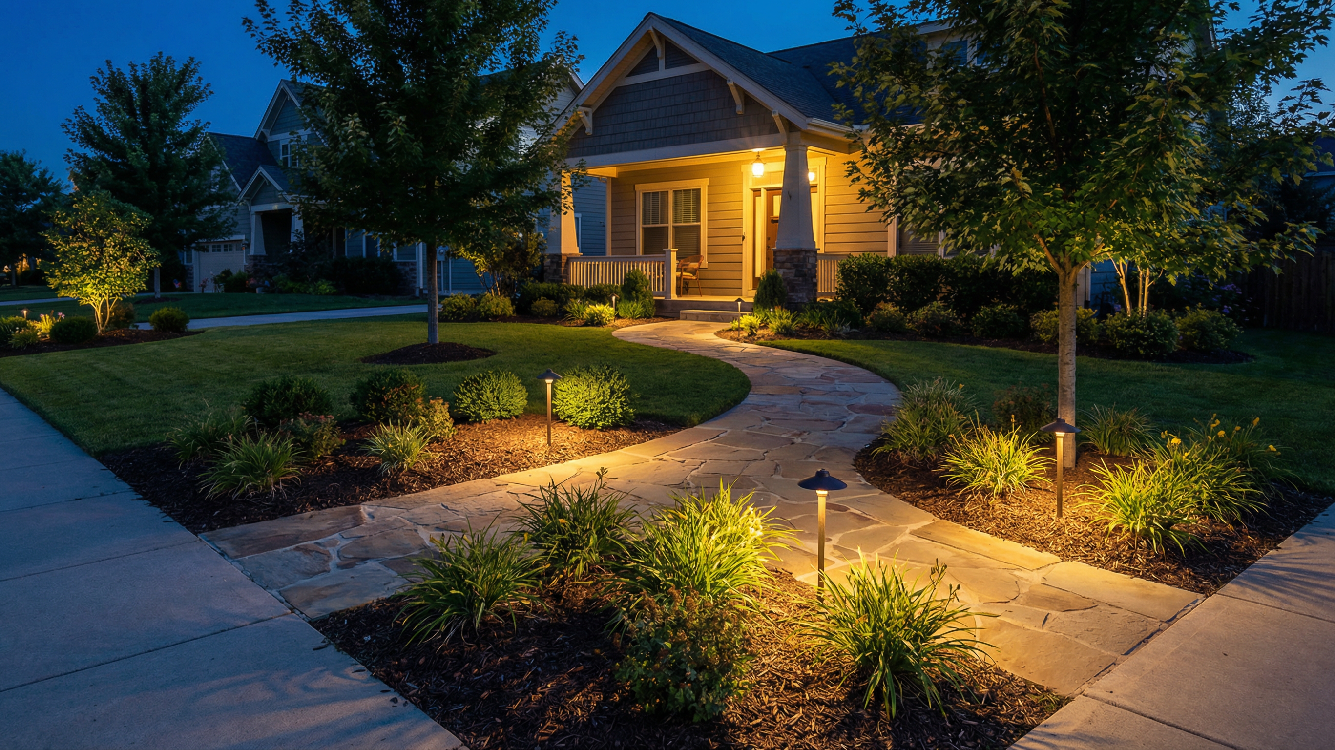 Outdoor electrical safety scene at blue hour outside a US home with warm low-voltage landscape lights.e, and Waterproof Connectors