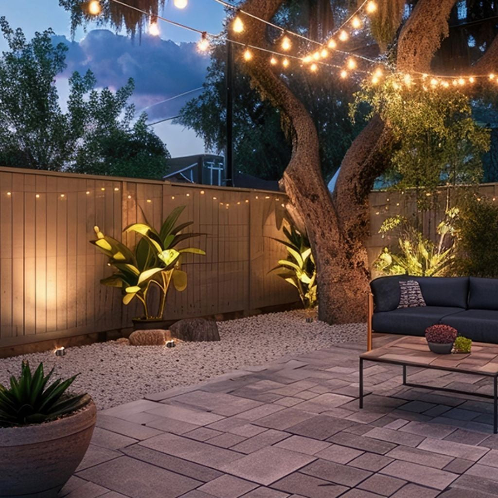 Aluminum in-ground well light scene with multiple fixtures illuminating trees, garden wall, and planting.
