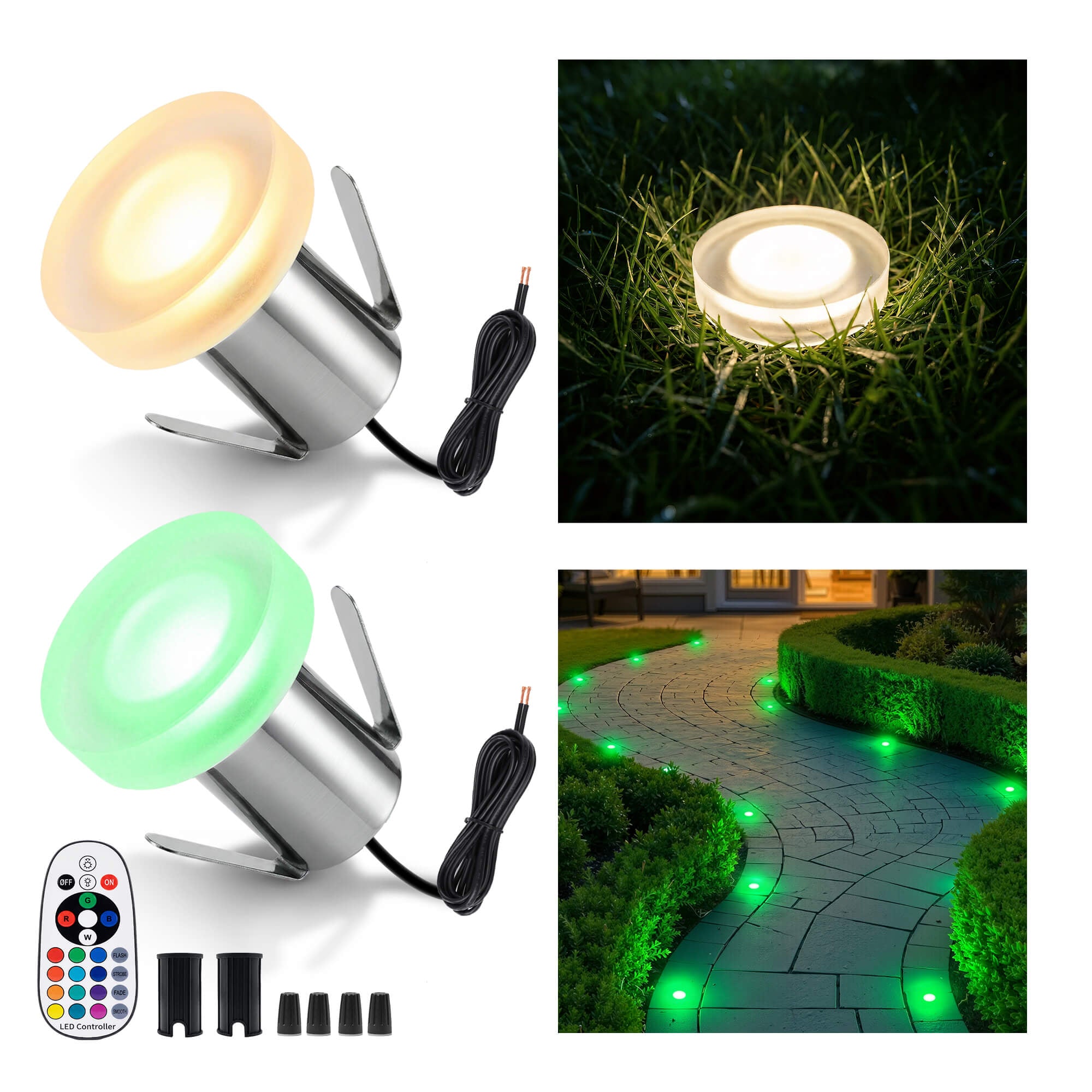 Varmtalys RGBW LED in-ground well light 2-pack showing stainless steel body with acrylic cover in flush mount design for outdoor landscape lighting