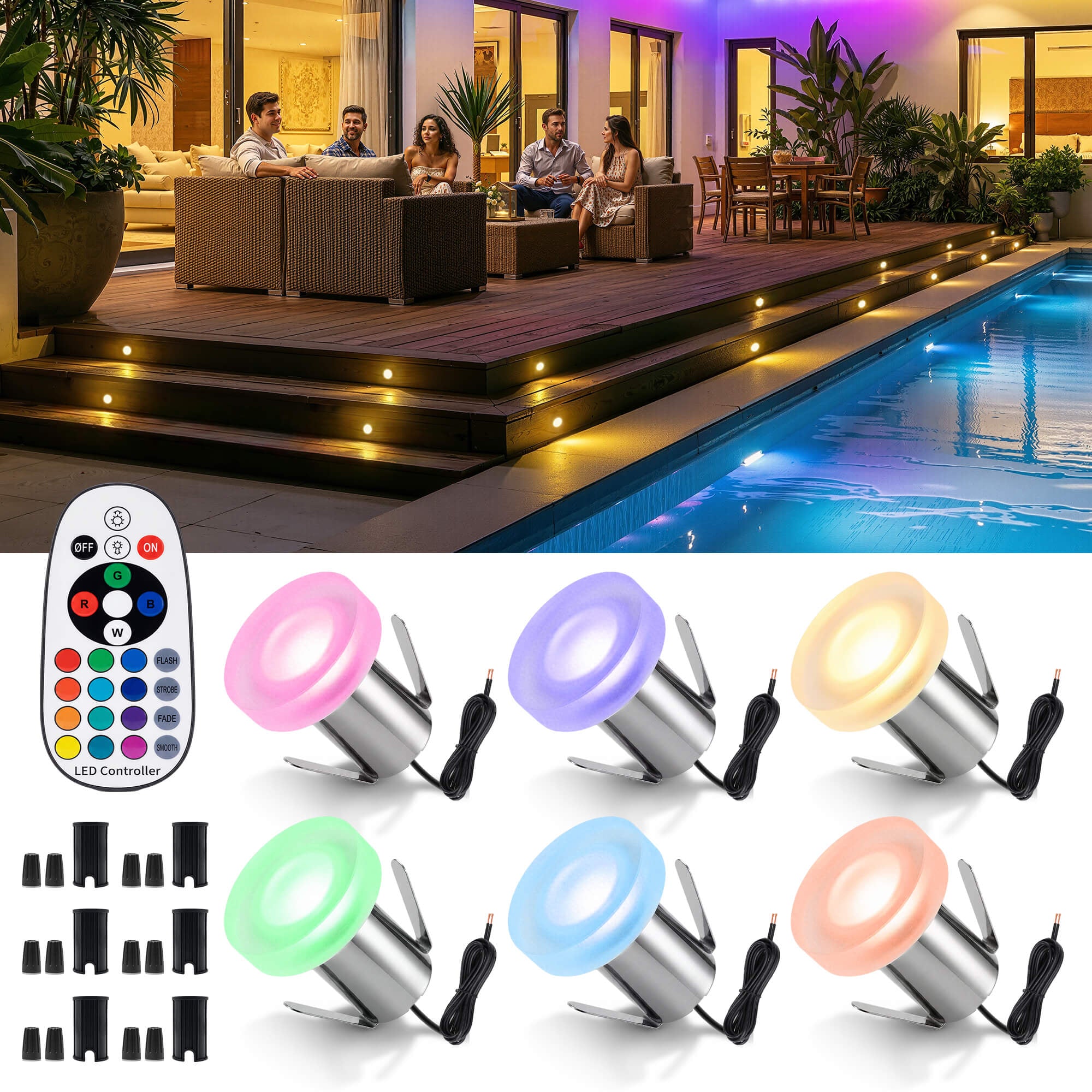 Six pack LED in-ground well lights showing acrylic diffuser covers and 12V low voltage design for safe outdoor installation