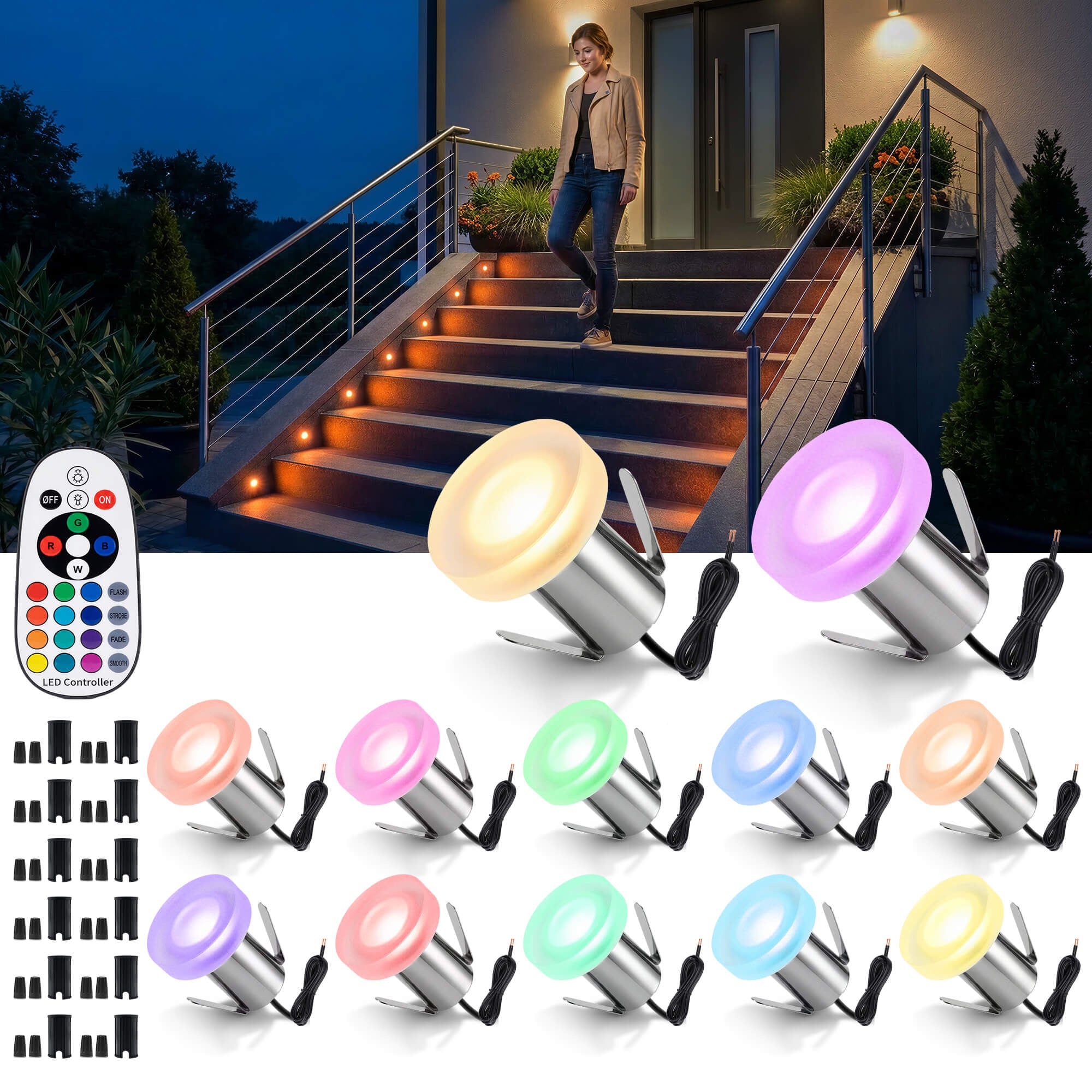 Twelve pack RGBW in-ground well lights showing durable construction with remote control for comprehensive landscape lighting