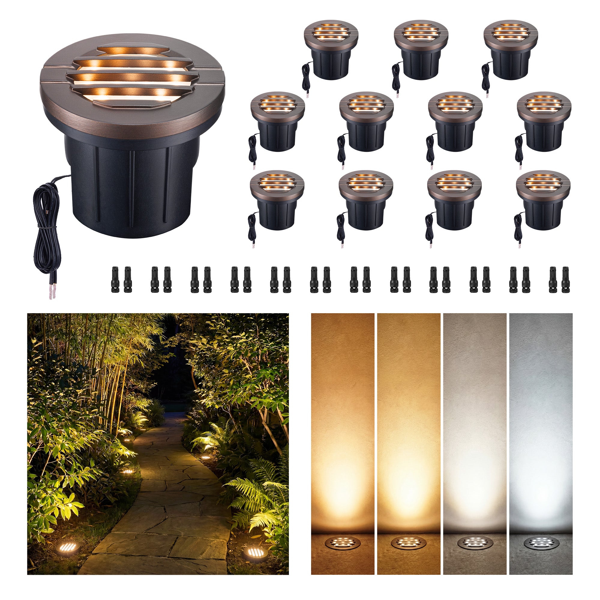 12-pack of Varmtalys low voltage well lights displaying oil rubbed bronze aluminum construction and grated design