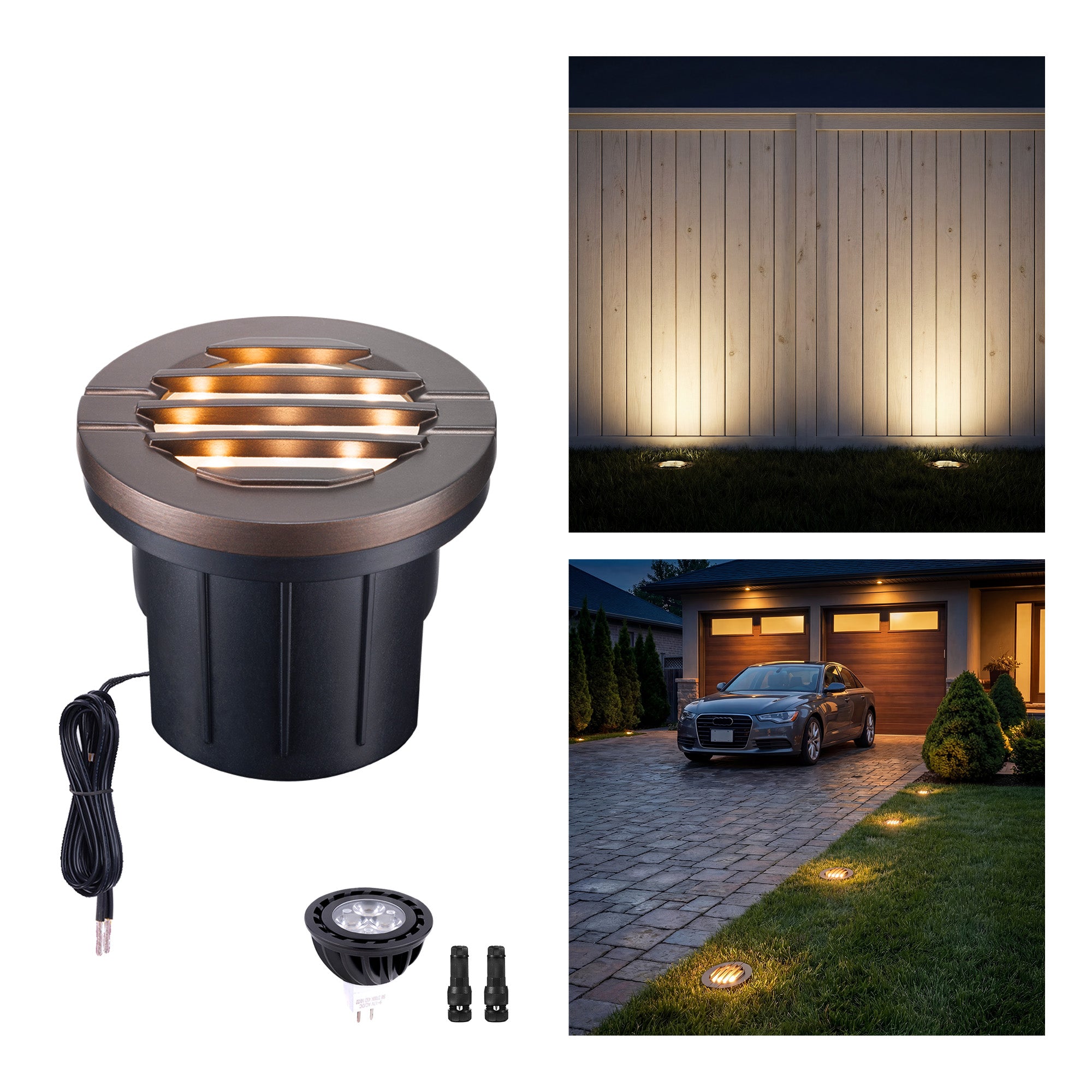 Varmtalys in-ground well light with LED bulb showing oil rubbed bronze finish with anti-glare grated top design