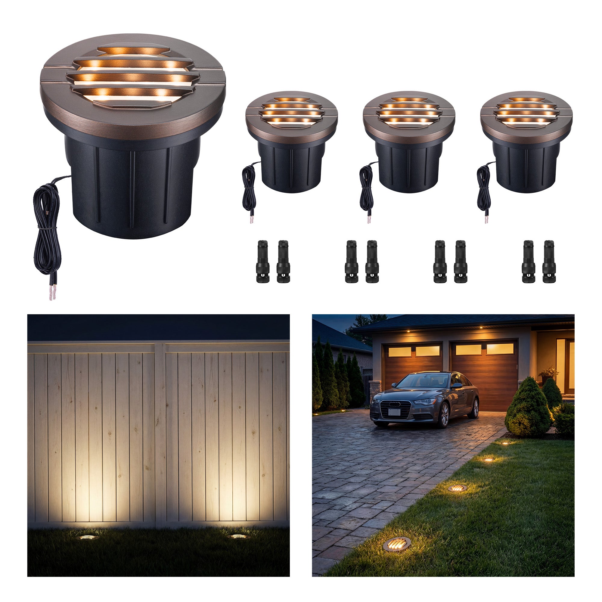 4-pack of Varmtalys 12V LED well lights with oil rubbed bronze finish and IP67 waterproof die-cast aluminum body