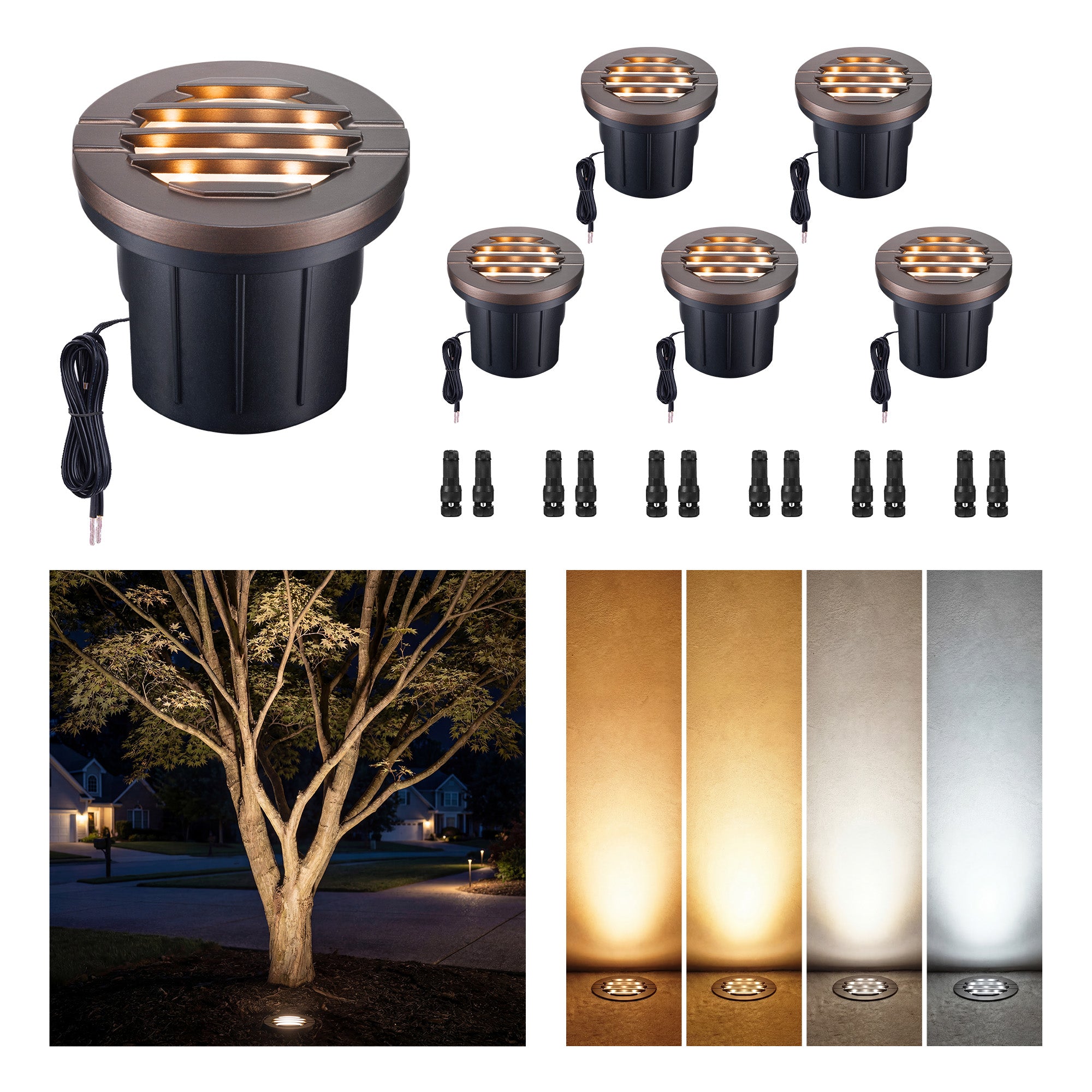 6-pack set of low voltage LED in-ground well lights featuring oil rubbed bronze color and professional grated top