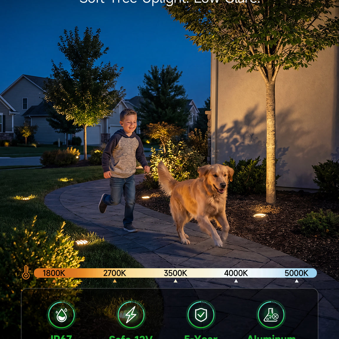 Varmtalys core features display highlighting 5CCT selectable IP67 waterproof anti-glare grate and 12V low voltage safety