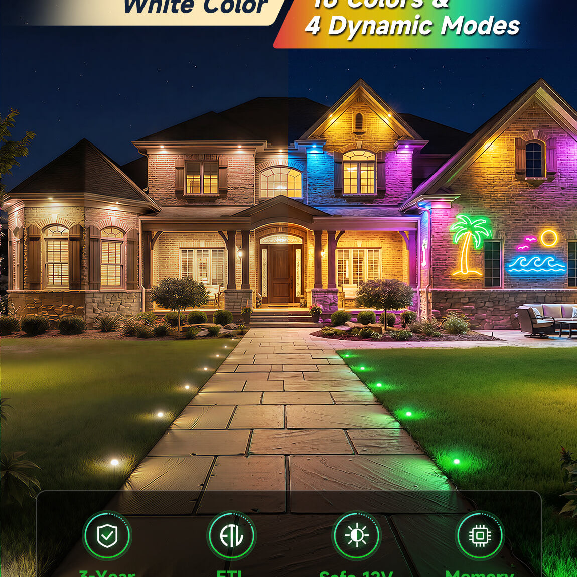 RGBW color changing modes comparison showing warm white 3000K for daily lighting versus vibrant RGB colors for holiday and party ambiance