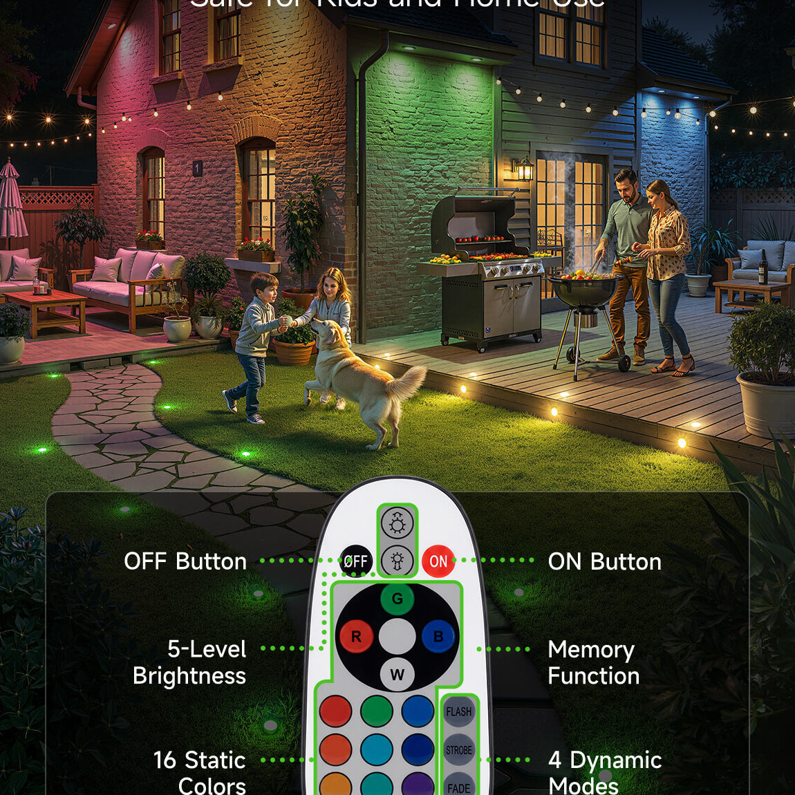 Varmtalys LED well light key features including 12V low voltage safety RGBW color changing IP67 waterproof stainless steel construction and 50000 hour lifespan