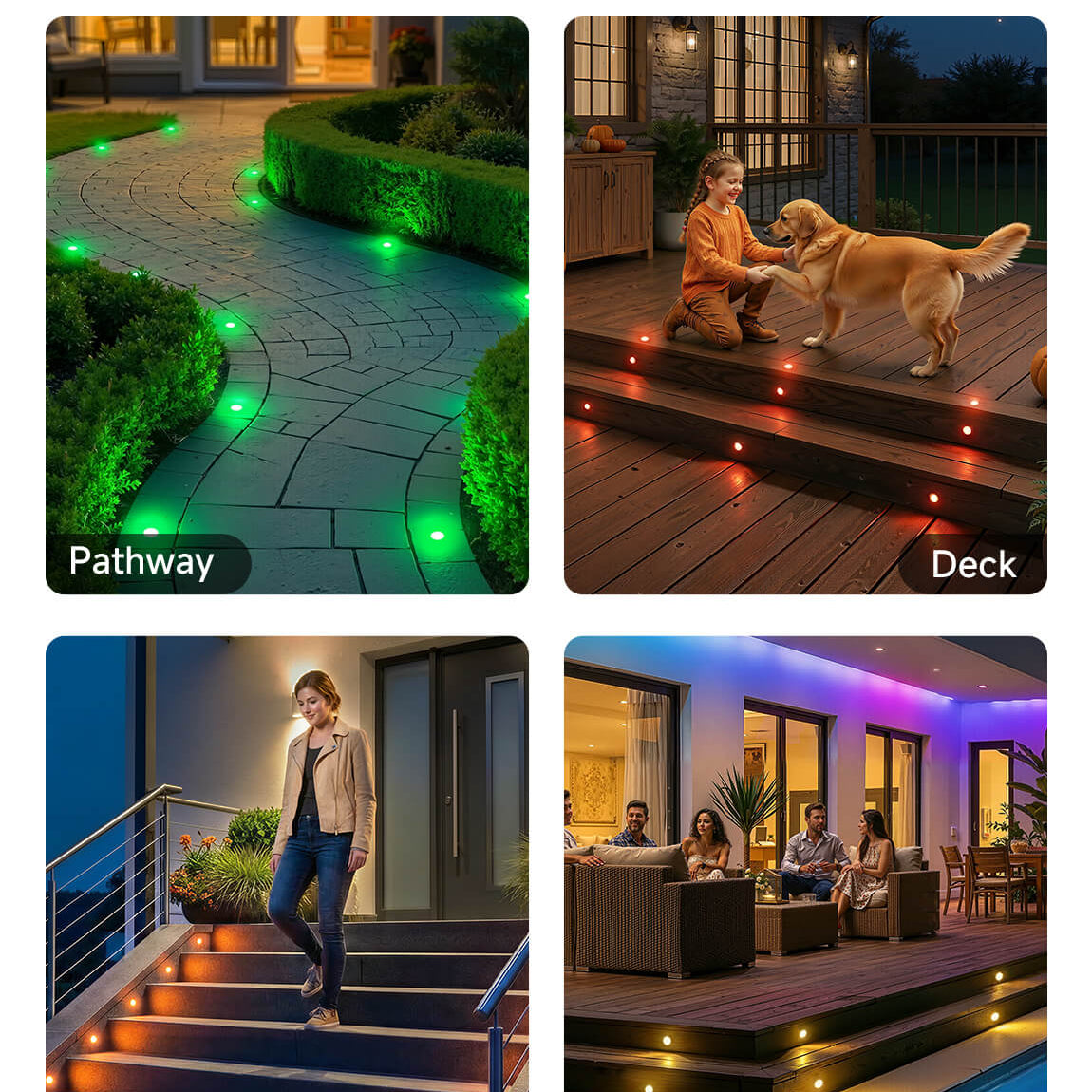 LED in-ground well lights installed along wooden deck stairs creating safe ambient outdoor pathway lighting for residential landscape