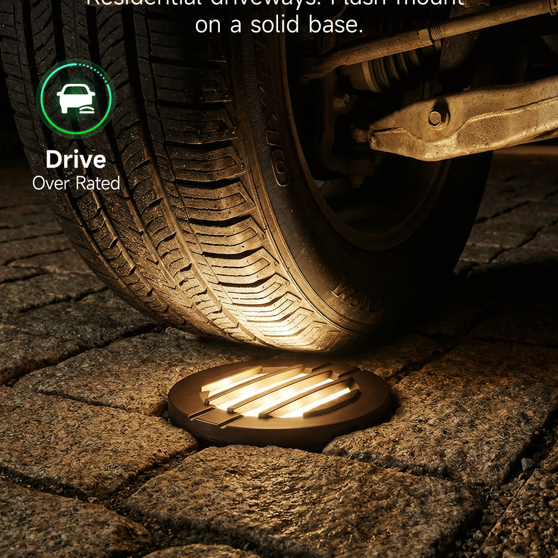 Load-bearing test showing Varmtalys in-ground well light supporting person weight to prove durability for driveway use