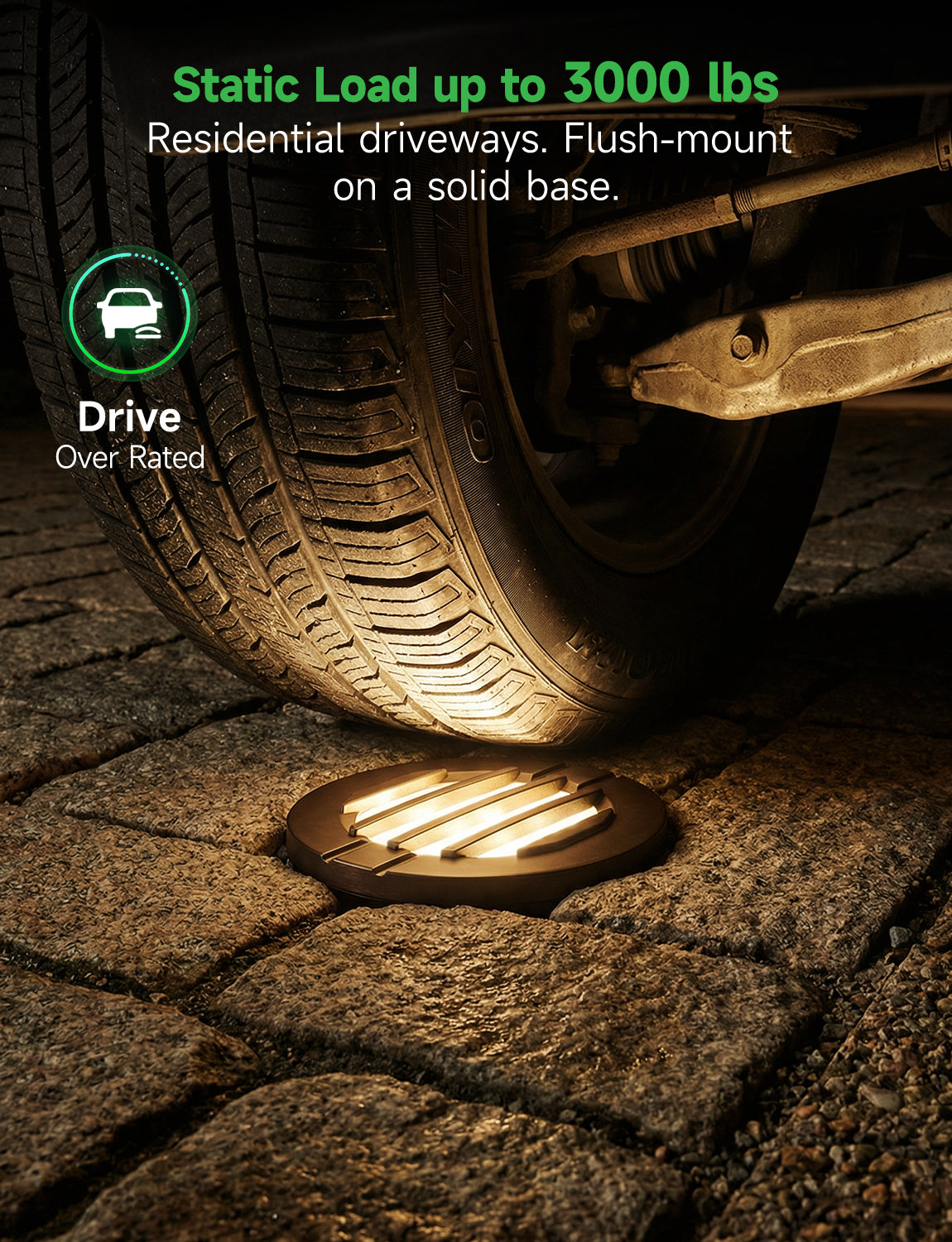 Load-bearing test showing Varmtalys in-ground well light supporting person weight to prove durability for driveway use
