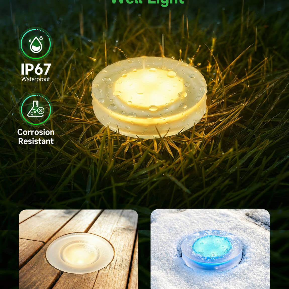 IP67 waterproof LED well light submerged in water demonstrating rain and moisture resistance for outdoor use in all weather conditions