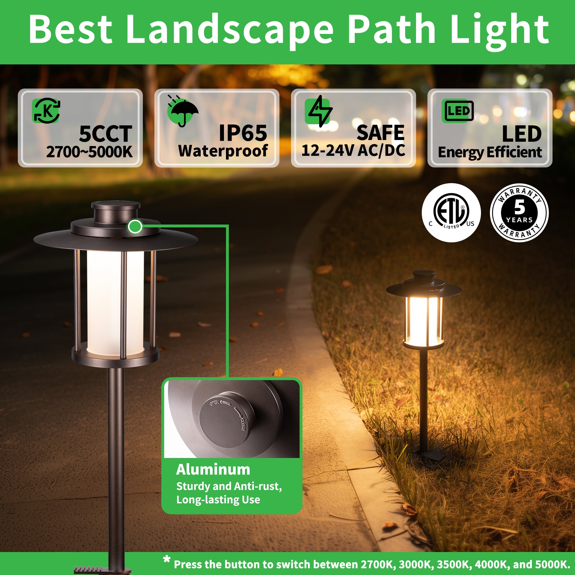 5 color temperatures pathway low voltage landscape lighting