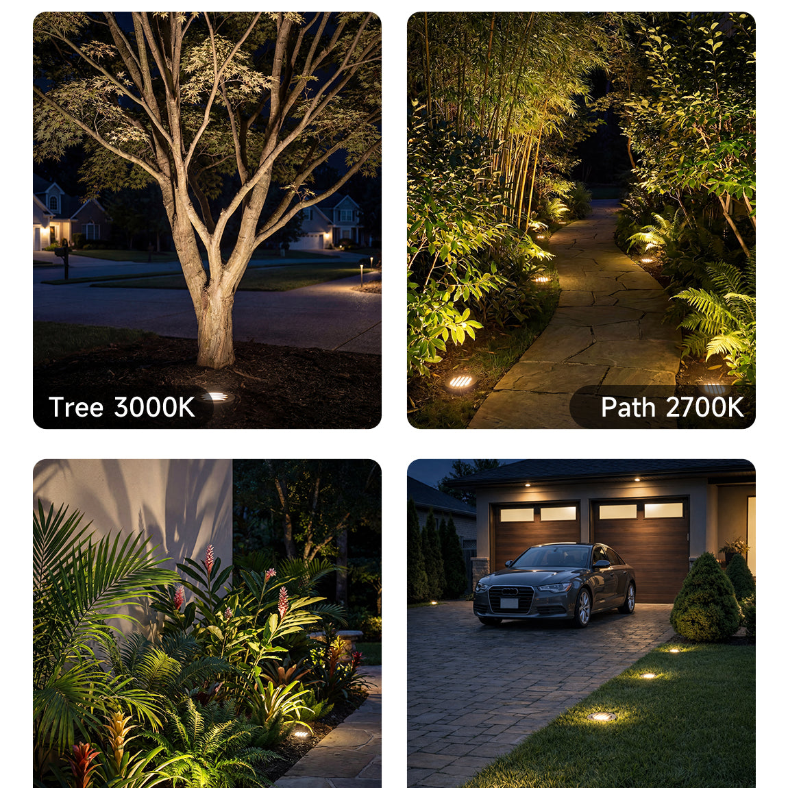 Application scene showing Varmtalys LED well lights installed along walkway creating soft upward landscape lighting