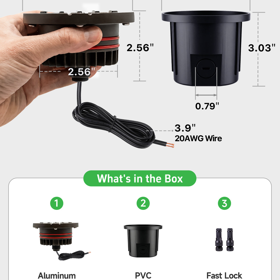 Dimension diagram displaying Varmtalys 4-inch well light with 1.58 by 1.58 by 1.38 inches size specifications