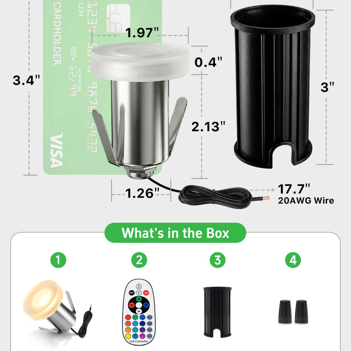 LED well light dimensions 1.97L x 1.26W x 2.53H inches with included connectors PVC sleeves and remote control for easy installation