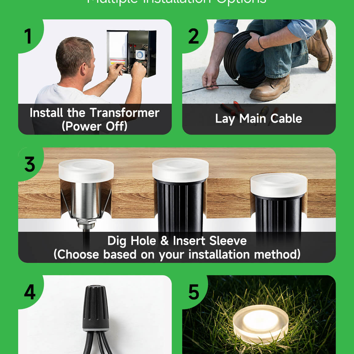 In-ground well light installation diagram showing flush mount setup for decks pathways and outdoor surfaces with 12V low voltage system