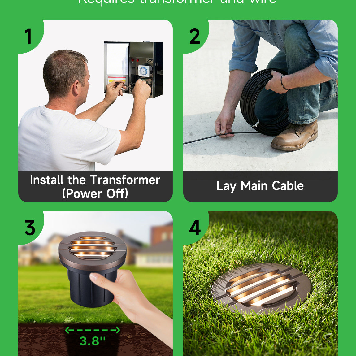 Installation illustration showing Varmtalys well light burial method with gravel drainage and 3ft lead wire connection