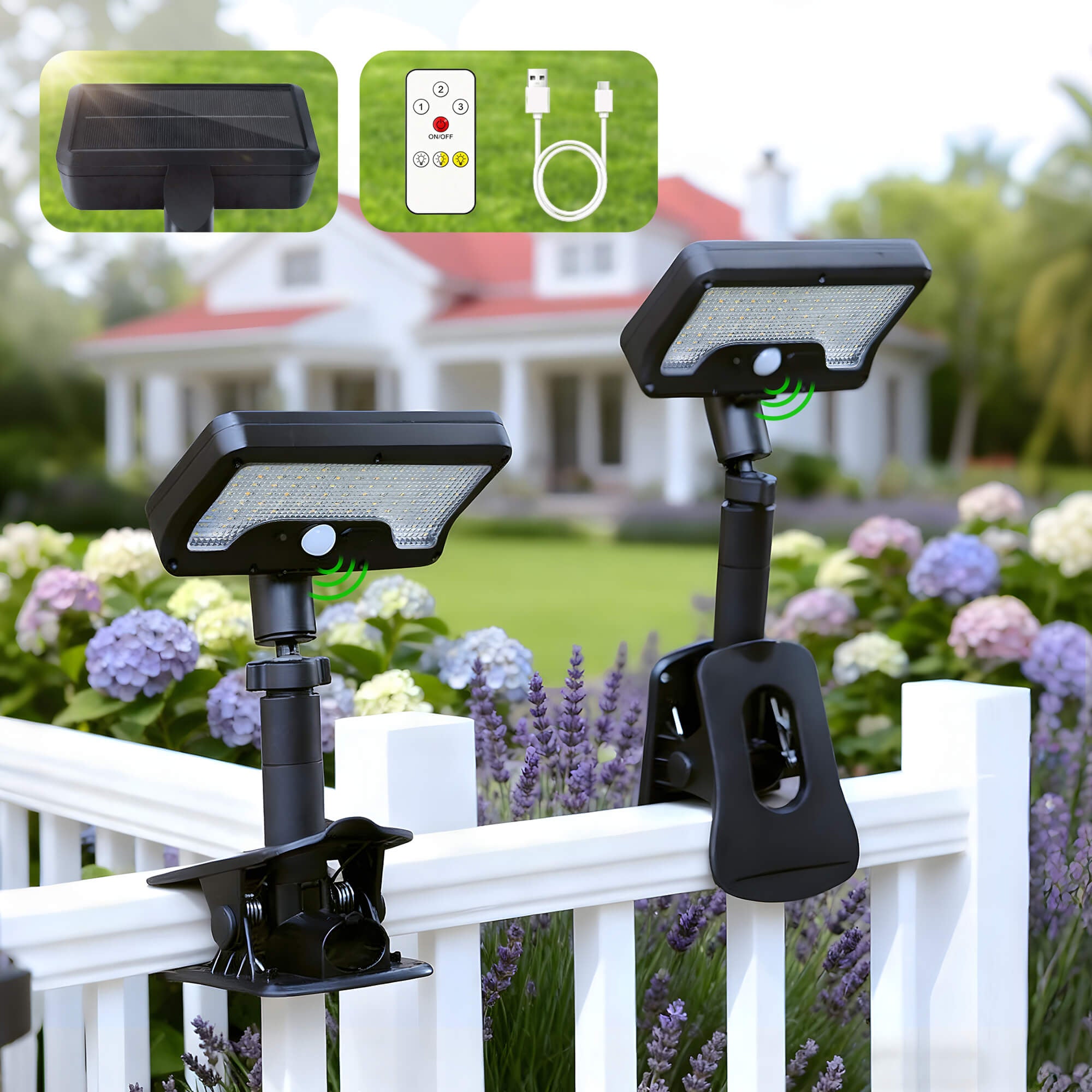 Solar flood light pair mounted on garden fence with clamp and base options; insets show panel, remote and USB cable.