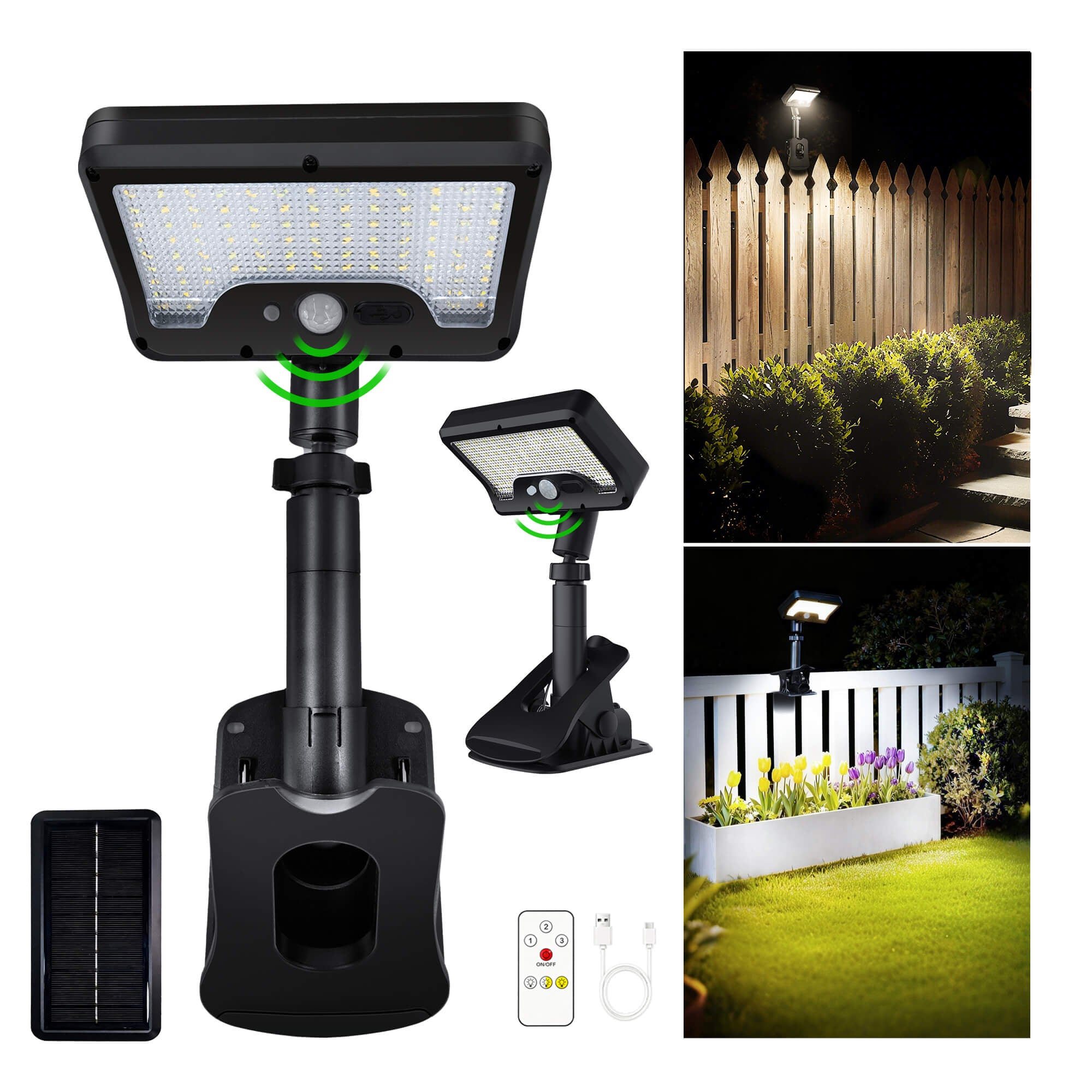 Solar flood light set with adjustable head, motion sensor, panel, base or clamp mount, remote and USB, shown on fence and garden.