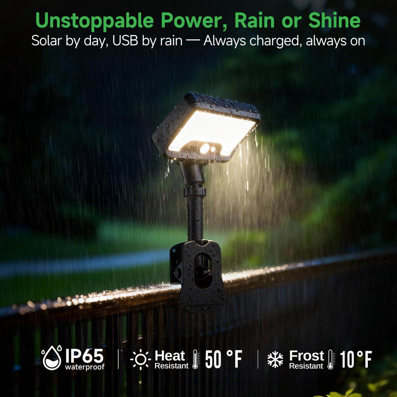 Solar flood light clamped to railing in heavy rain, lamp glowing; IP65 waterproof, heat and frost resistance shown.