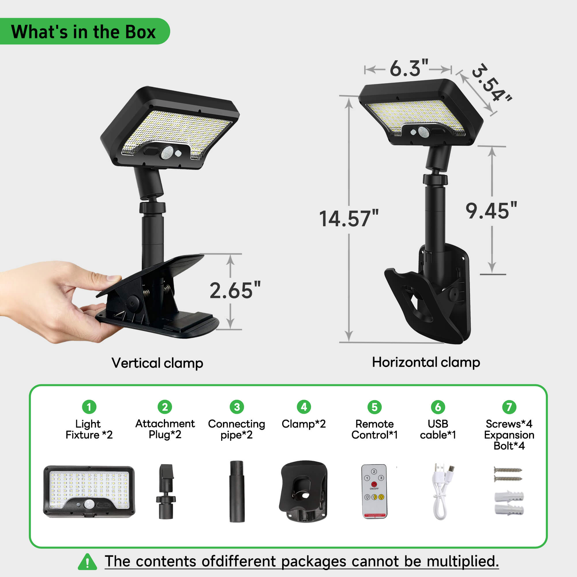 Solar flood light package with dimensions: vertical and horizontal clamps, fixtures, plugs, pipes, remote, USB cables, screws.