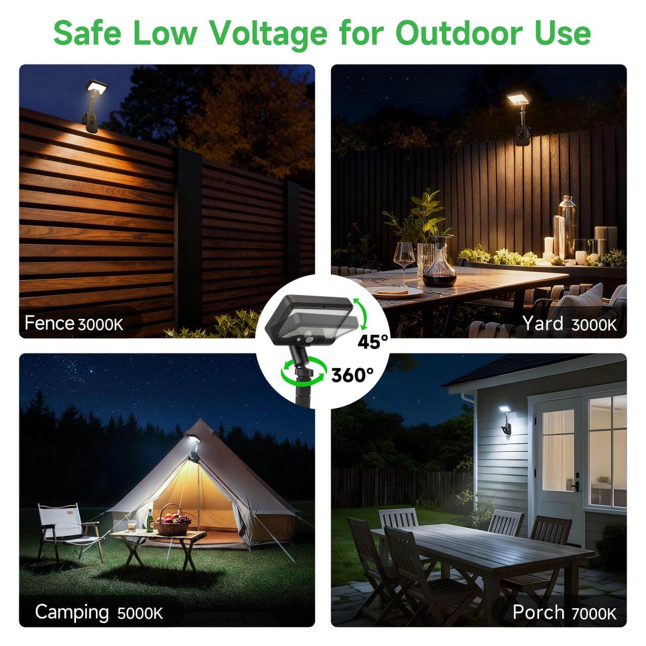 Solar flood light for outdoor use shown on fence, yard dining area, camping tent, and porch; 45° tilt, 360° rotation.