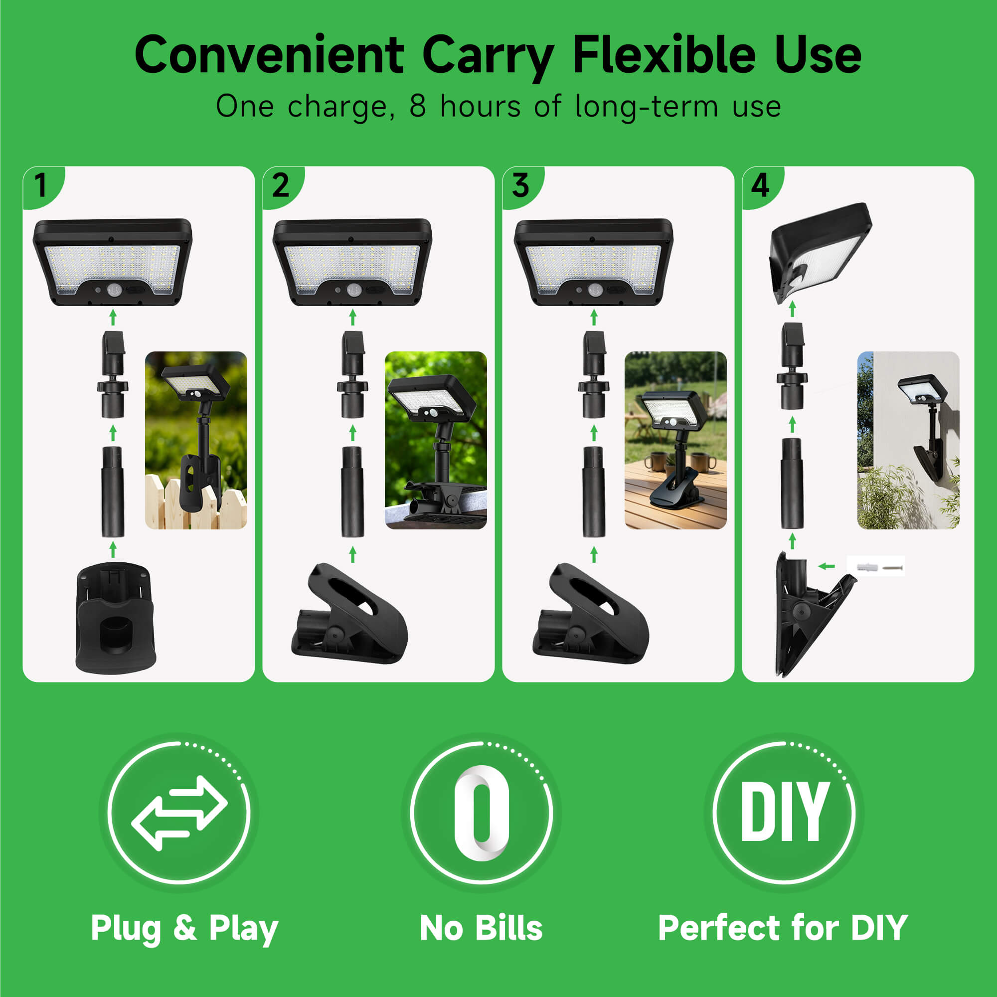 Solar flood light setup guide showing four mounting options with clamp and pipe parts; icons highlight plug-and-play, no bills, and DIY flexibility.