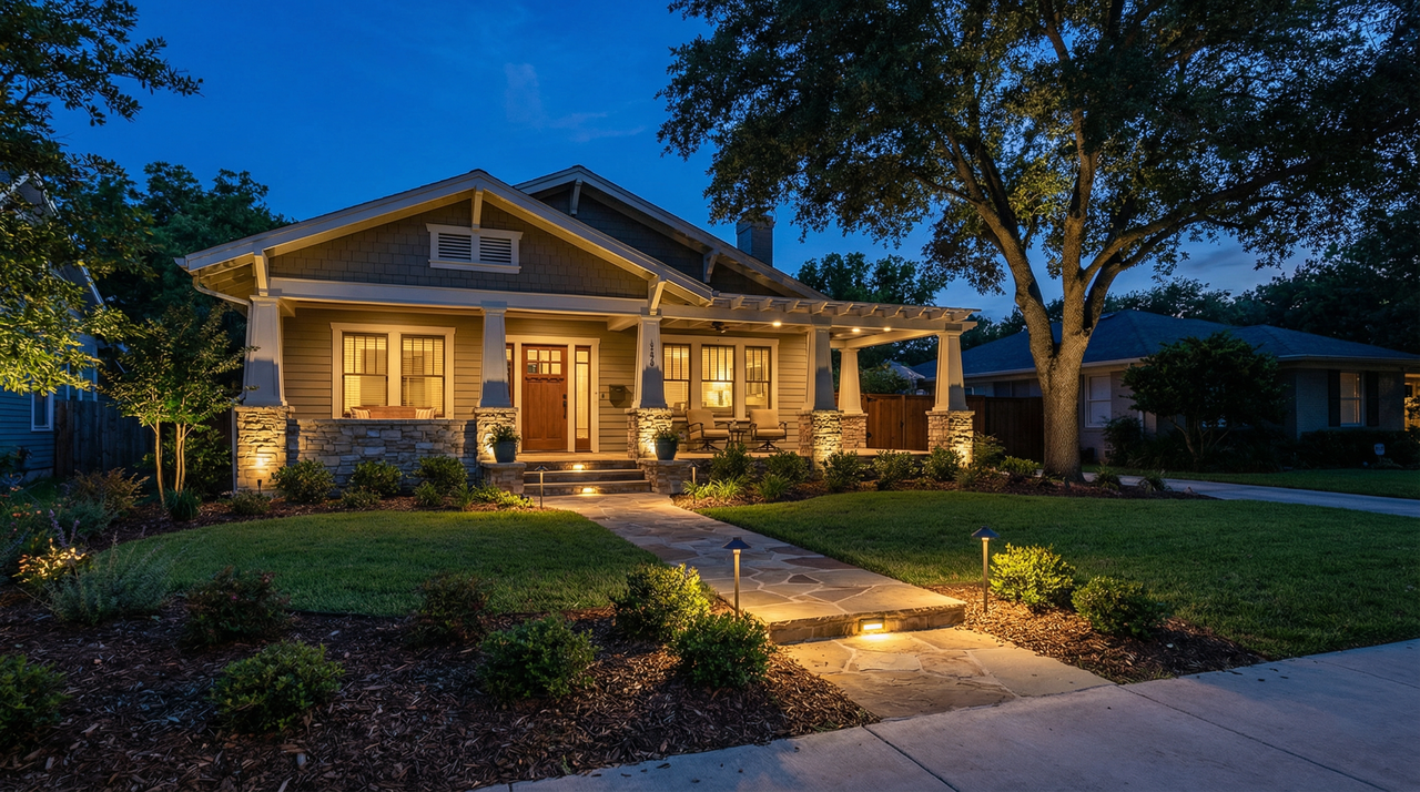 Nighttime view of a US single-family home yard with warm white low voltage outdoor lighting powered by a transformer