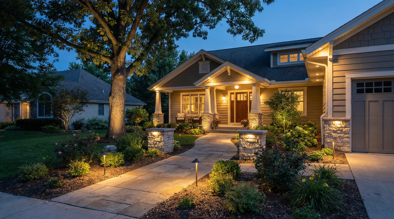 Wide view of a US single-family home yard at dusk with warm white low voltage lights showing different light beam angles