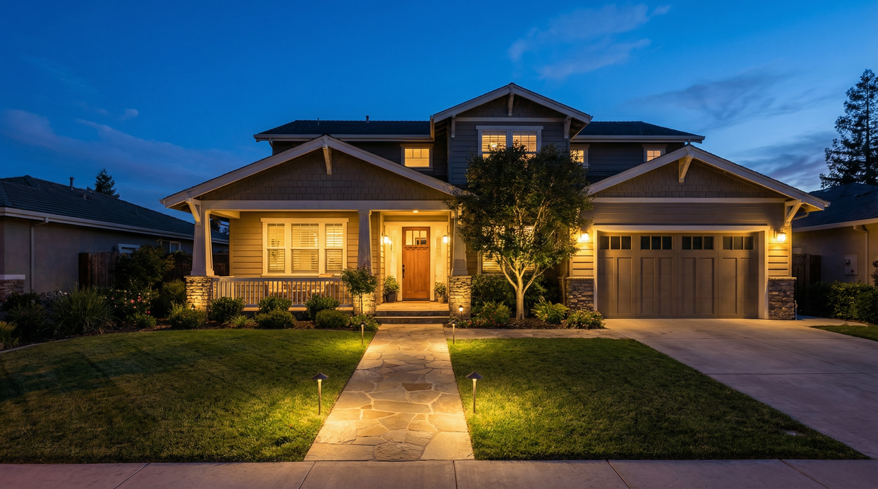Night view of a US home yard with warm low voltage landscape lighting during blue hour