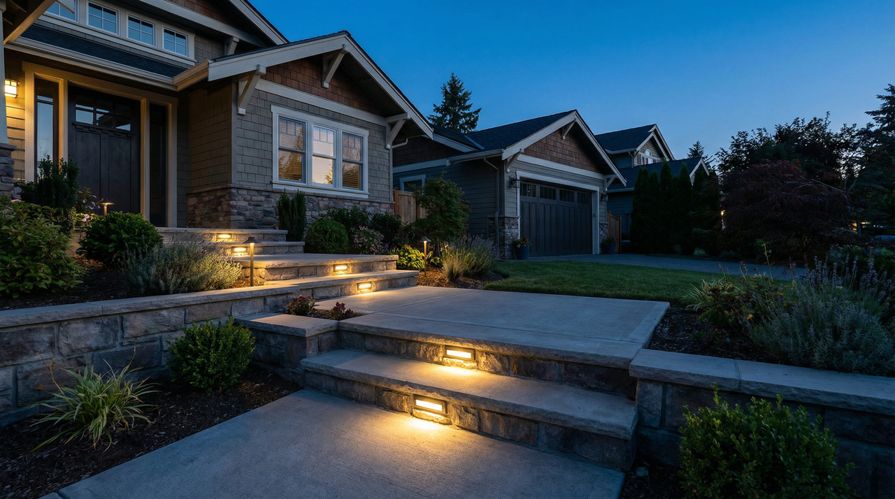 Nighttime view of a US single-family home with outdoor step lights casting warm white glow along stairs and pathways.