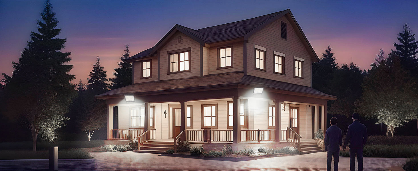 Solar lights mounted under exterior corridor eaves, fixtures casting a downward wash to light the walkway.