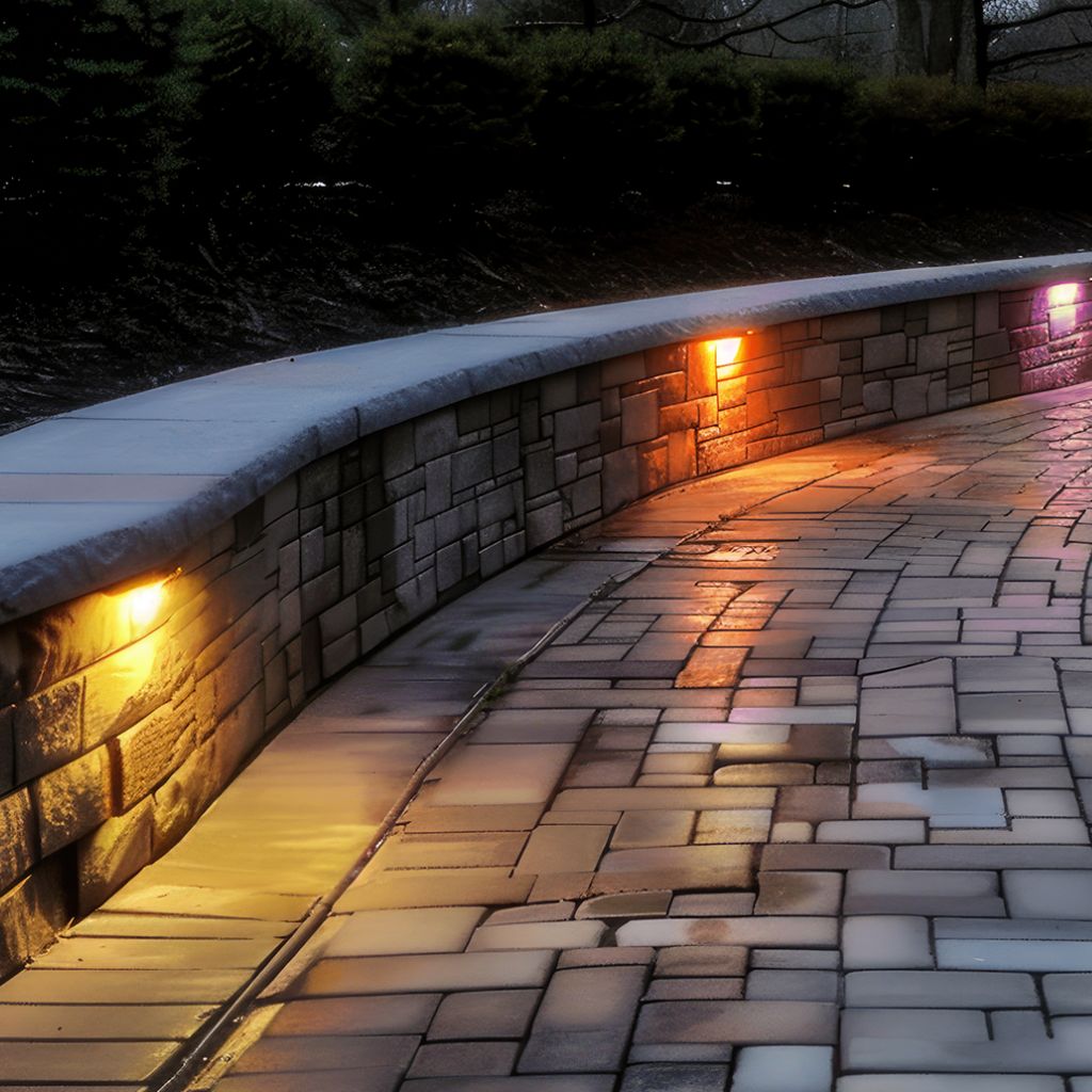Aluminum hardscape lights along a retaining wall, multiple fixtures casting a smooth downward wash over the masonry.