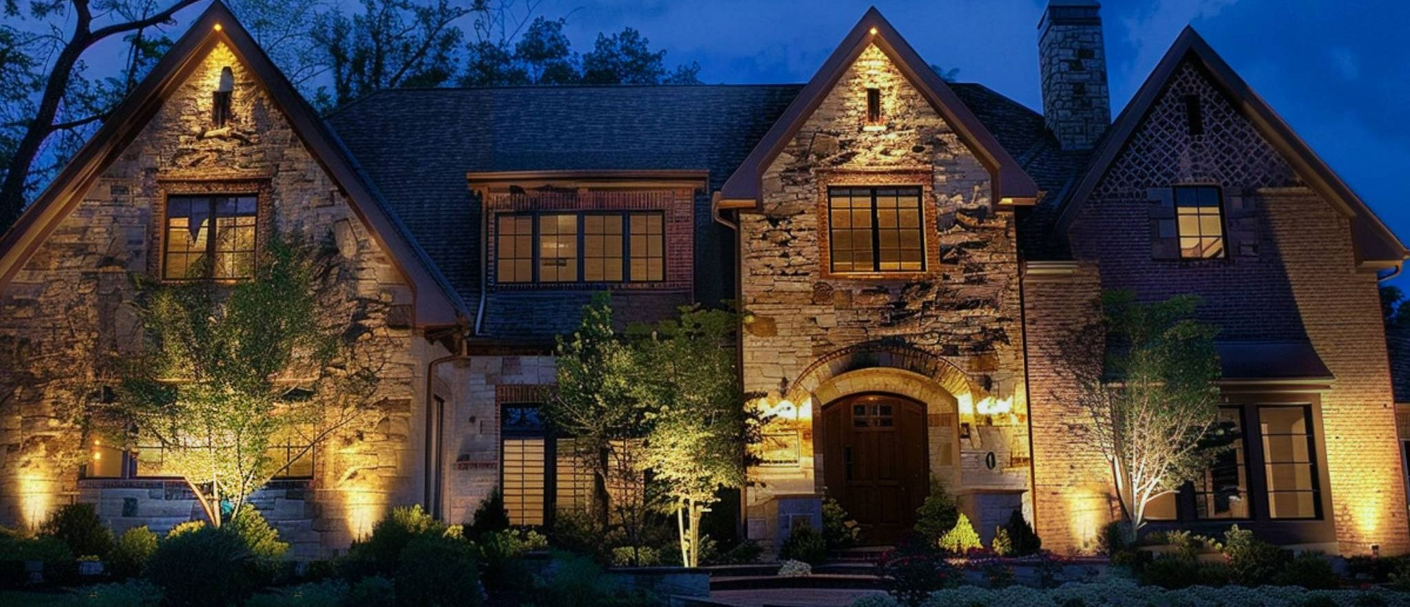 House exterior with low-voltage outdoor spotlights uplighting the stone facade at night