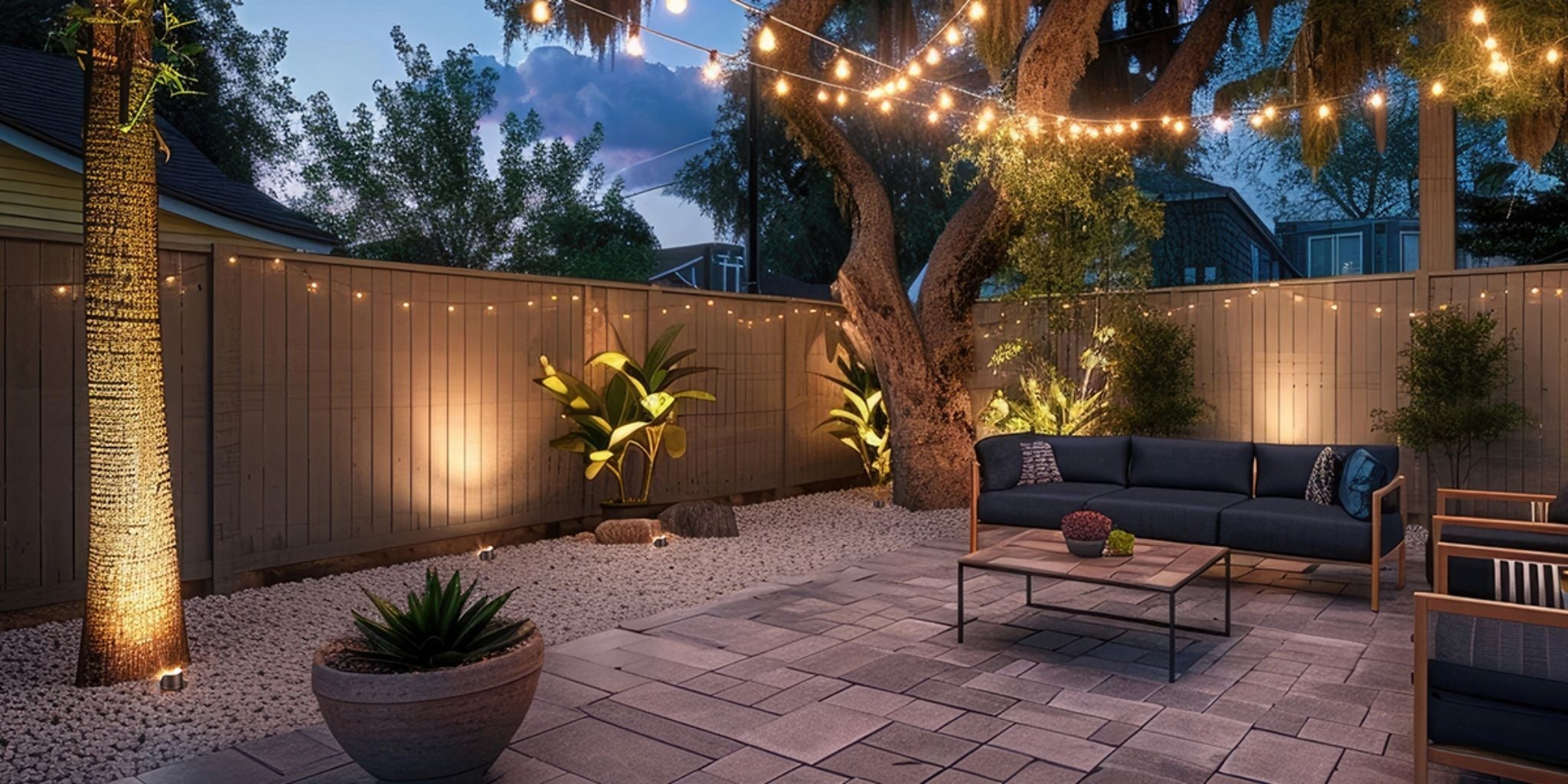 Aluminum in-ground well light scene with multiple fixtures illuminating trees, garden wall, and planting.