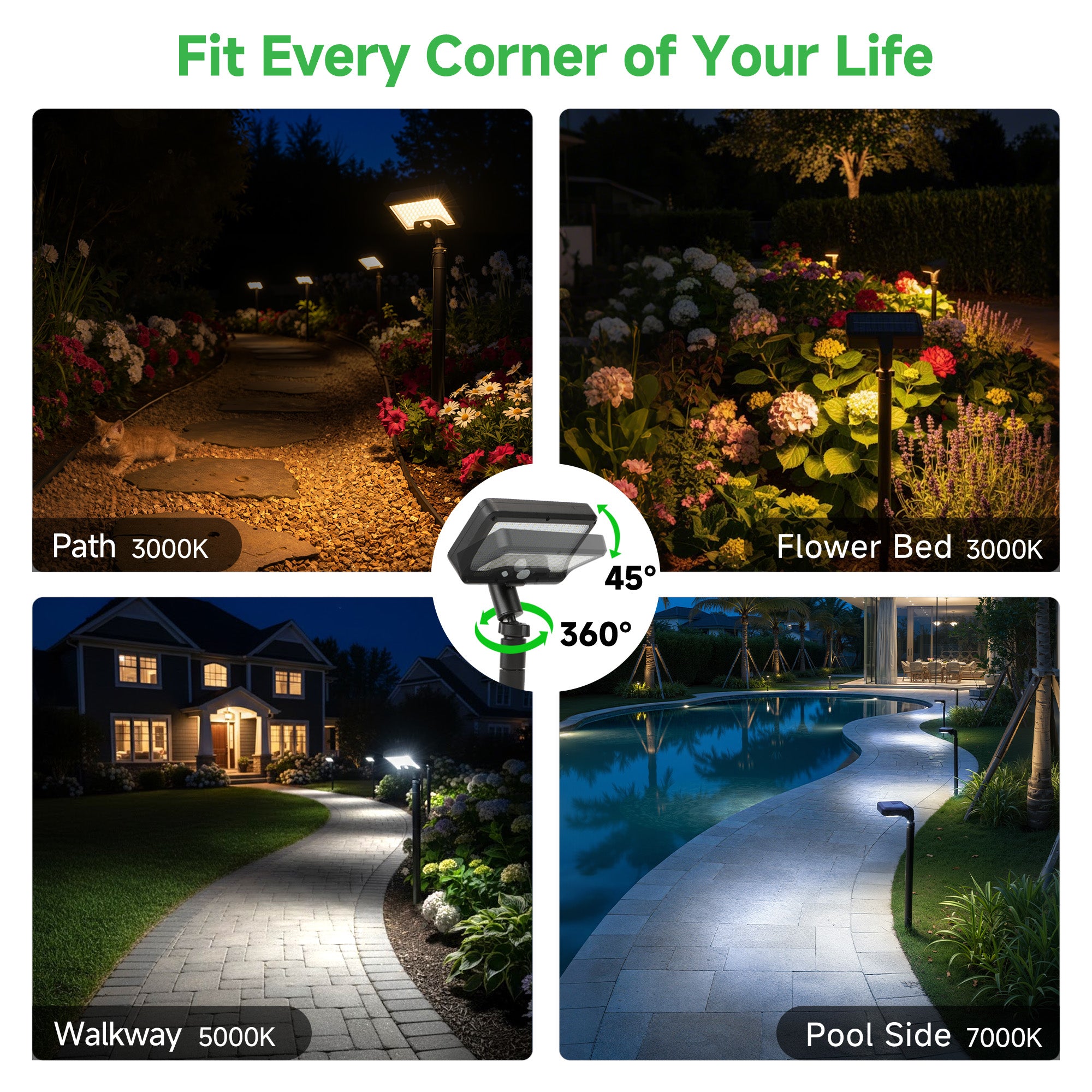 Varmtalys solar path lights illuminating garden pathway and driveway at night showcasing motion sensor activation and warm ambient lighting