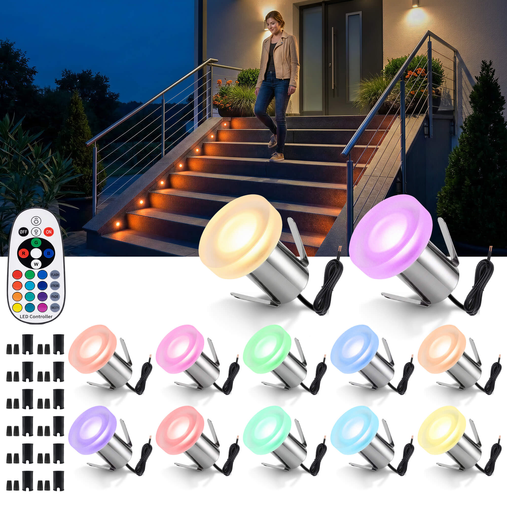 Twelve pack RGBW in-ground well lights showing durable construction with remote control for comprehensive landscape lighting