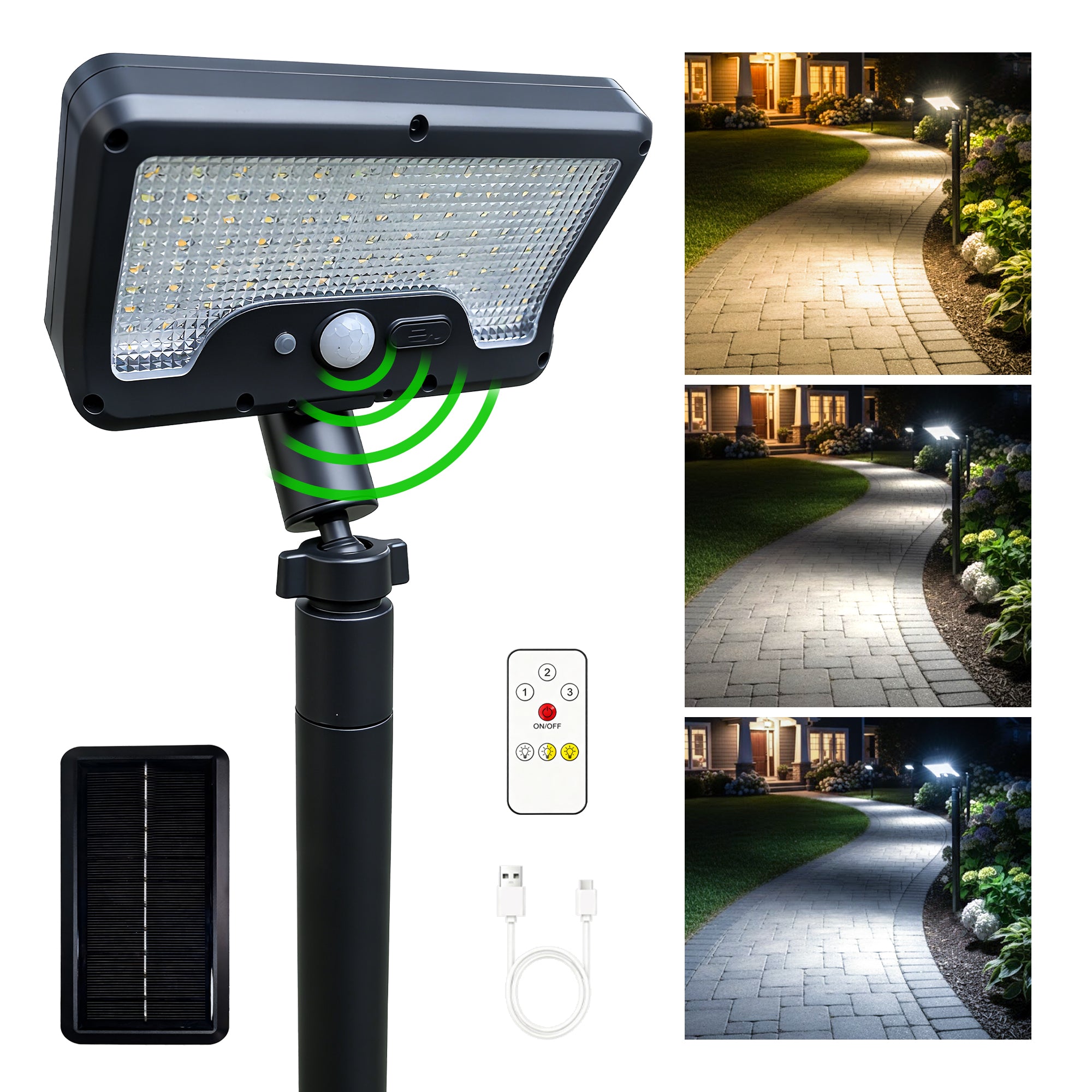 Varmtalys solar path light hero image featuring sleek black design with motion sensor and adjustable head for outdoor pathway lighting