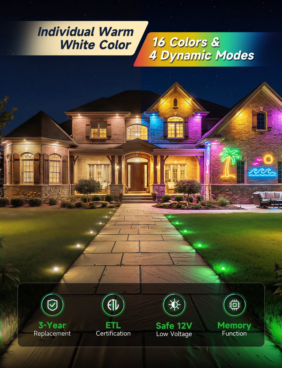 RGBW color changing modes comparison showing warm white 3000K for daily lighting versus vibrant RGB colors for holiday and party ambiance