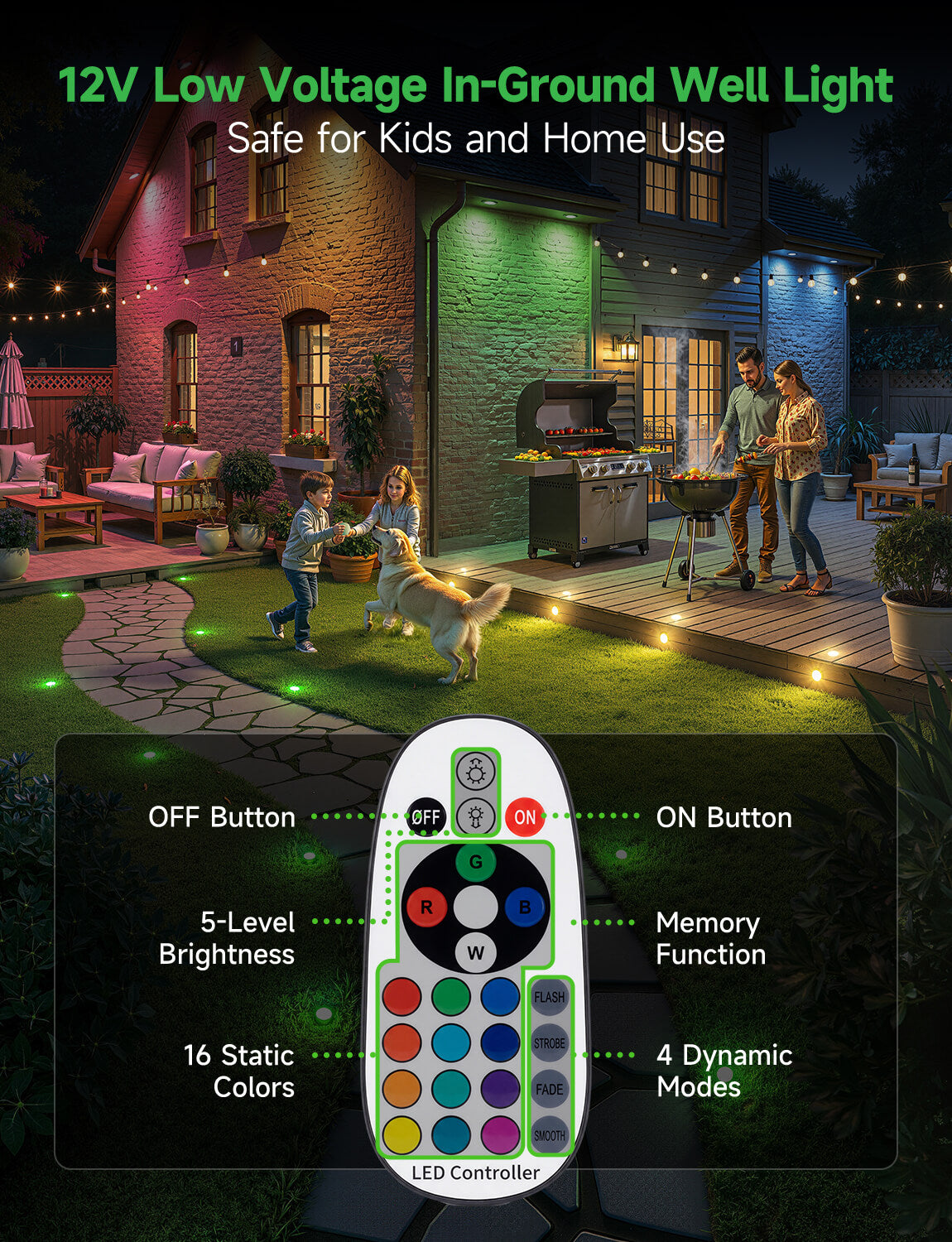 Varmtalys LED well light key features including 12V low voltage safety RGBW color changing IP67 waterproof stainless steel construction and 50000 hour lifespan