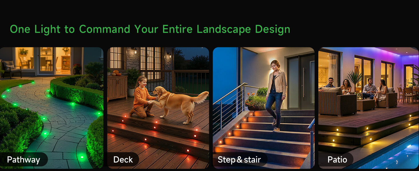 LED well light emitting warm white light while flush mounted in ground providing safe illumination for deck and pathway areas