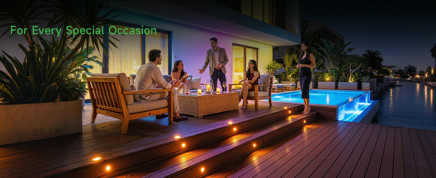 In-ground well light installed on wooden deck step providing safe low voltage outdoor lighting for residential pathways
