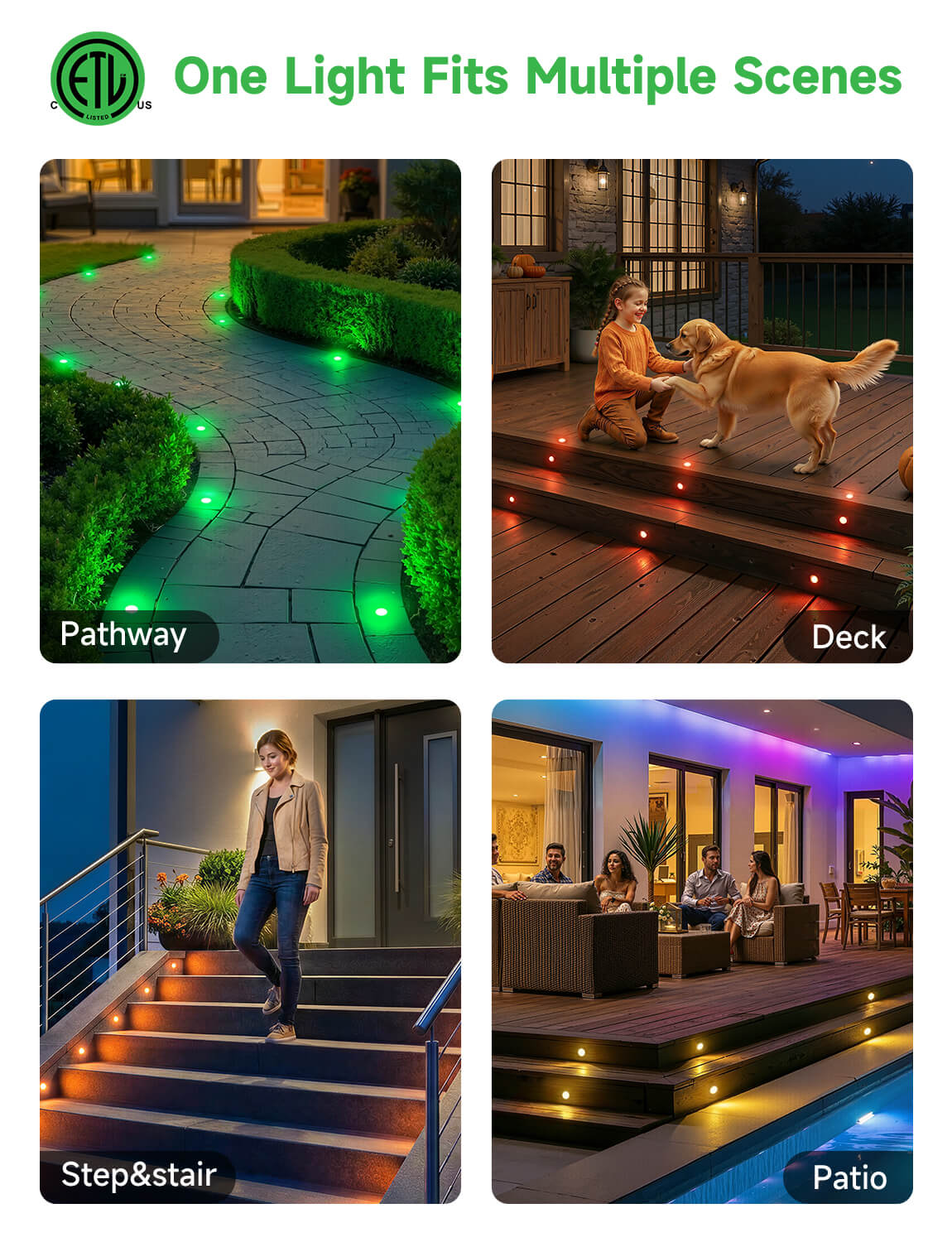 LED in-ground well lights installed along wooden deck stairs creating safe ambient outdoor pathway lighting for residential landscape