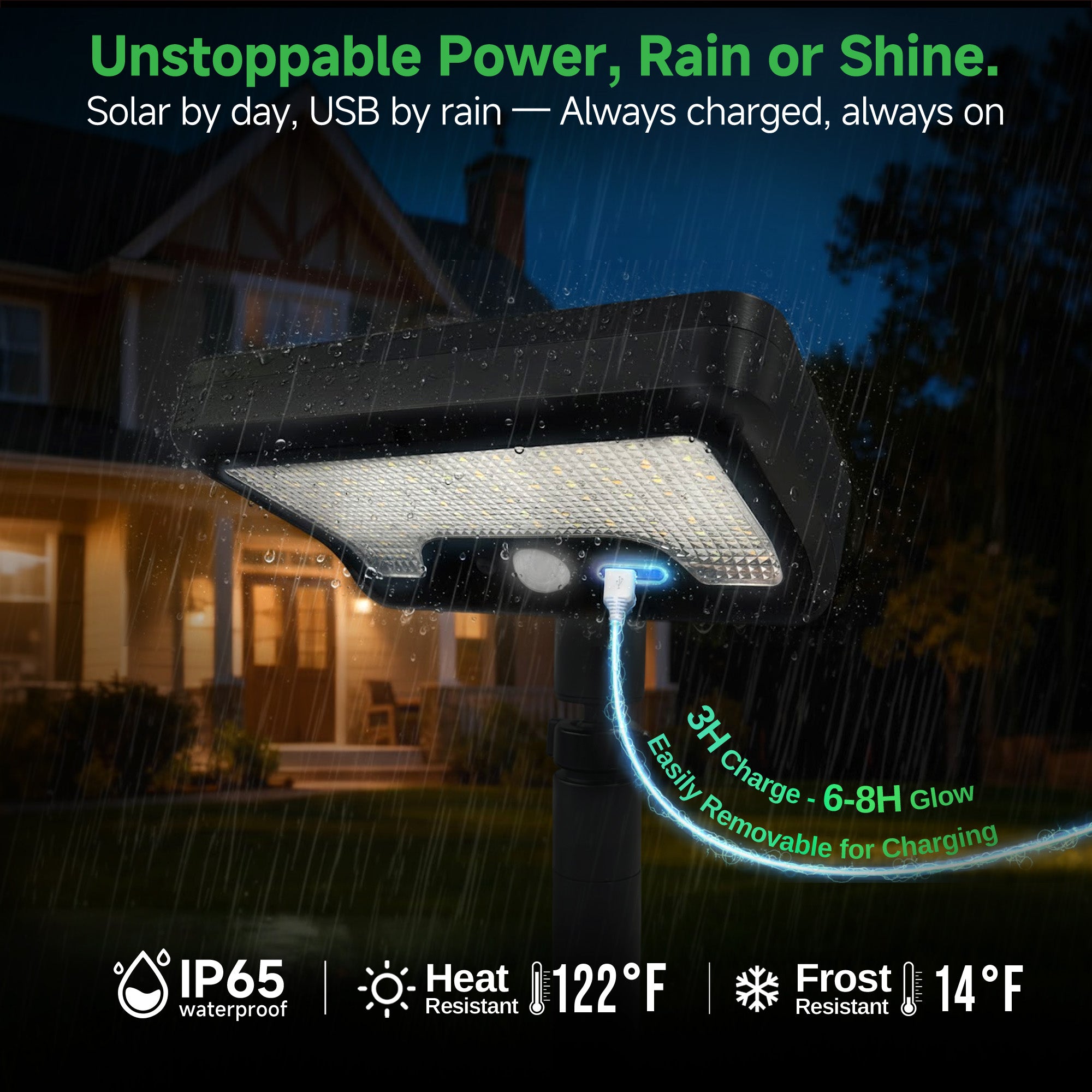 Varmtalys solar pathway light with IP65 waterproof rating demonstrating rain resistance and all-weather outdoor durability