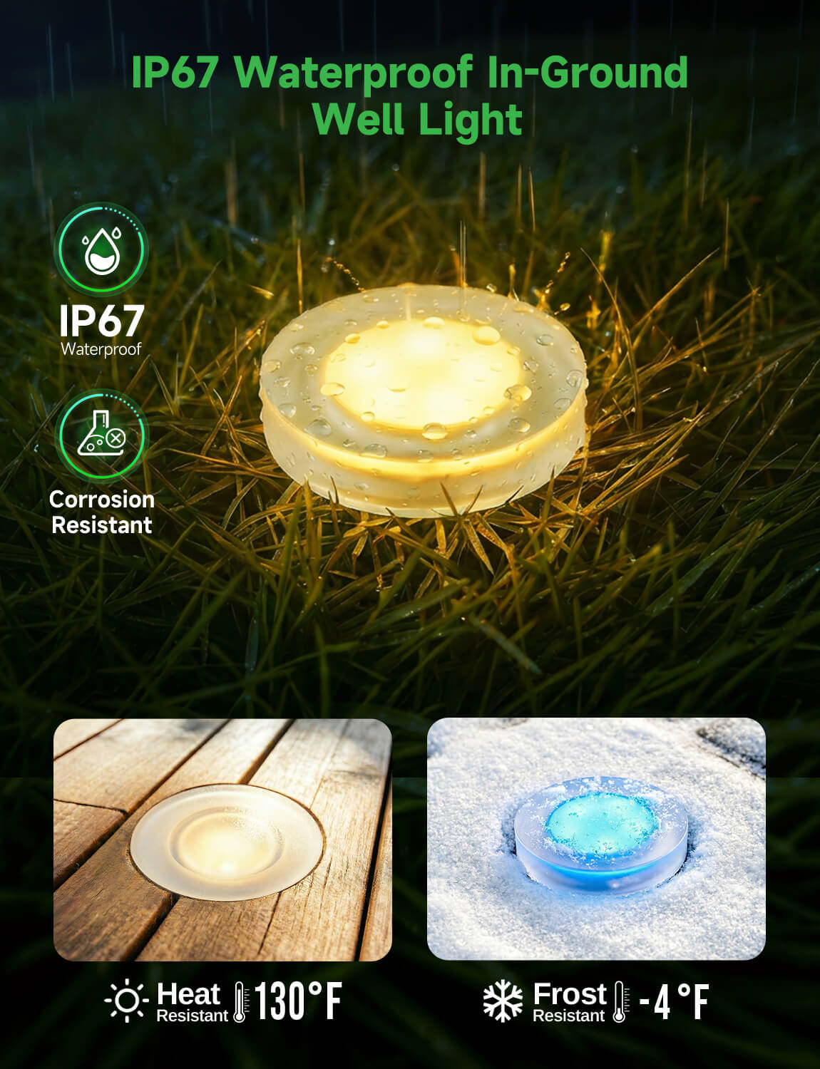 IP67 waterproof LED well light submerged in water demonstrating rain and moisture resistance for outdoor use in all weather conditions